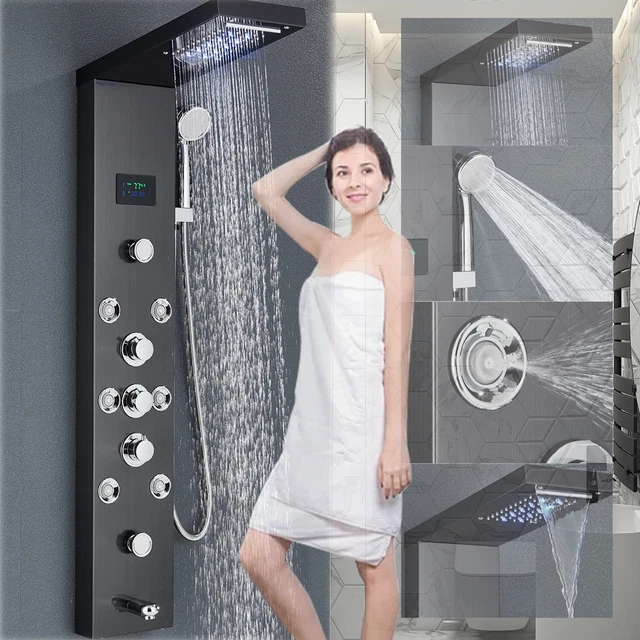 Negro Baño Panel de Ducha columna LED lluvia Cascada Grifo de La Ducha Sistema