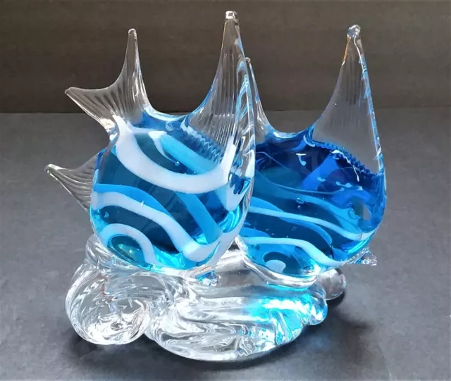 Beautiful Murano Glass Blue & White Stripe Angel Fish Pair Sculpture Figurine