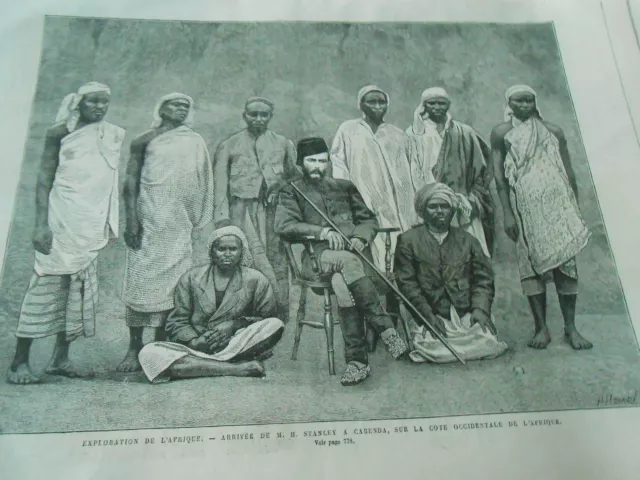 Gravure 1877 - Exploration de l'Afrique Arrivée de Stanley à Cabenda