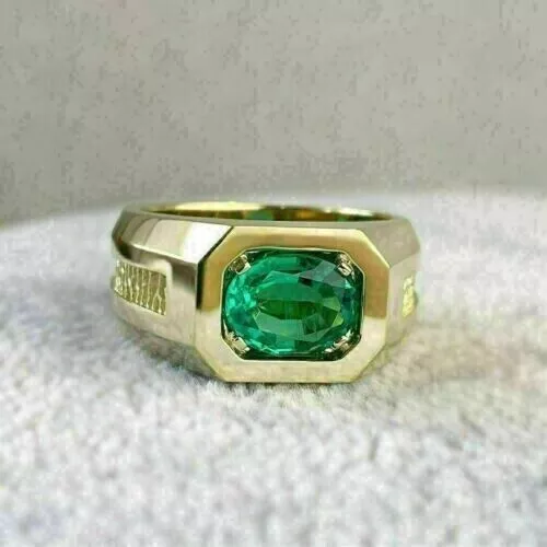 2Ct Oval Cut Natural Emerald Mens Wedding Band 14k Yellow Gold All Sizes