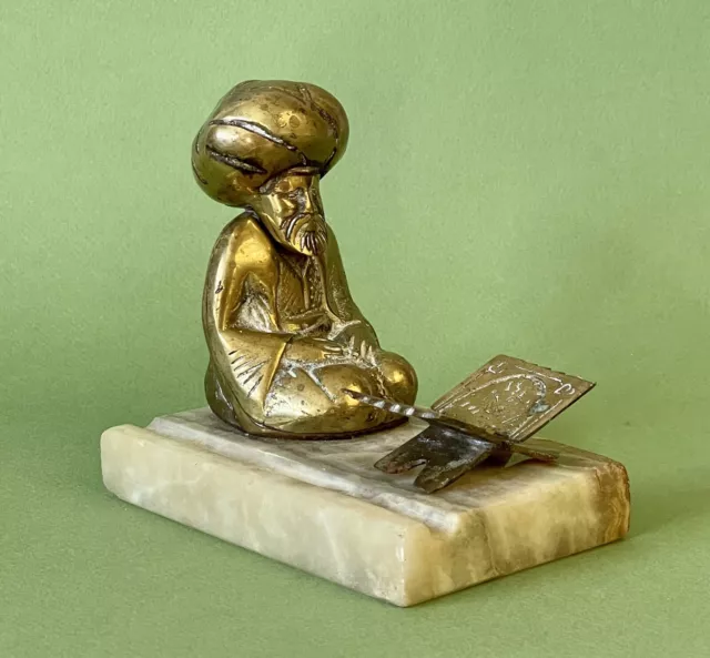 ⭐️Solid Brass Man Turban Praying Book DESK PEN HOLDER Vintage Marble Base 60s