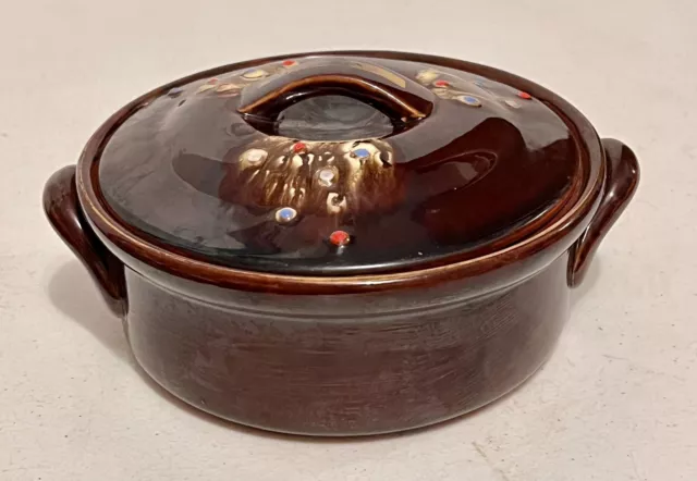 Vintage Brown Drip Stoneware Glaze Oven Proof Pot Serving Bowl With Lid 2