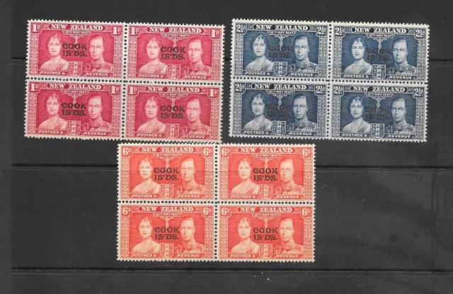 Cook Islands 1937 Coronation MNH unmounted mint set as blocks of 4 stamps