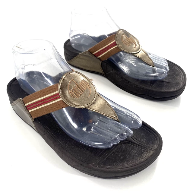 Fitflop Walkstar Womens Sz 8 Leather Comfort T-Post Sandals Bronze Brown Stripe
