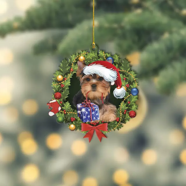 Yorkshire Terrier Dog Christmas Wreath Ornament, Yorkie Dog Christmas Ornament