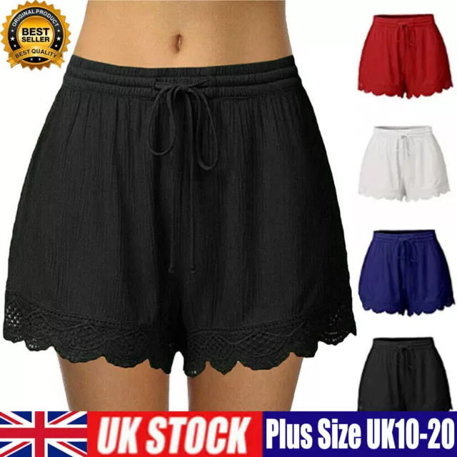 Womens Drawstring Shorts Ladies Elastic Waist Lace Beach Summer Pants Plus Size