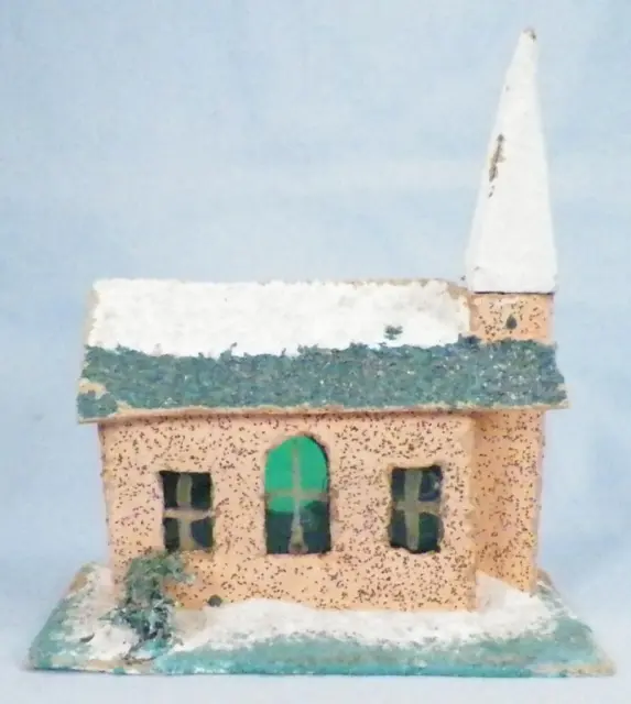 Christmas Putz Church Peach White Steeple Turquoise Roof Glitter Vintage #40