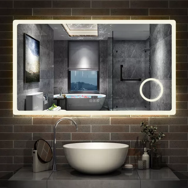 Illuminated Bathroom Mirror with Bluetooth&Magnifier, 3 LED Colors,Clock,Fogless 2