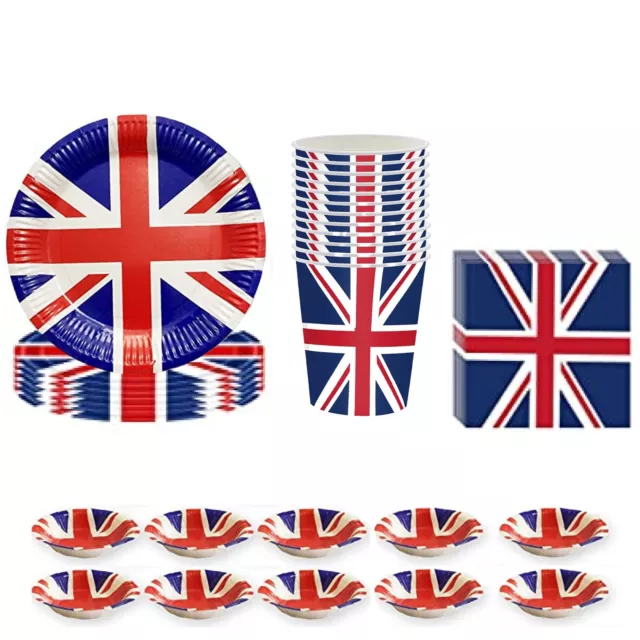 Union Jack 10Plates,10Bowls,12Cups & 20Napkins Tableware Set Royal Event Party