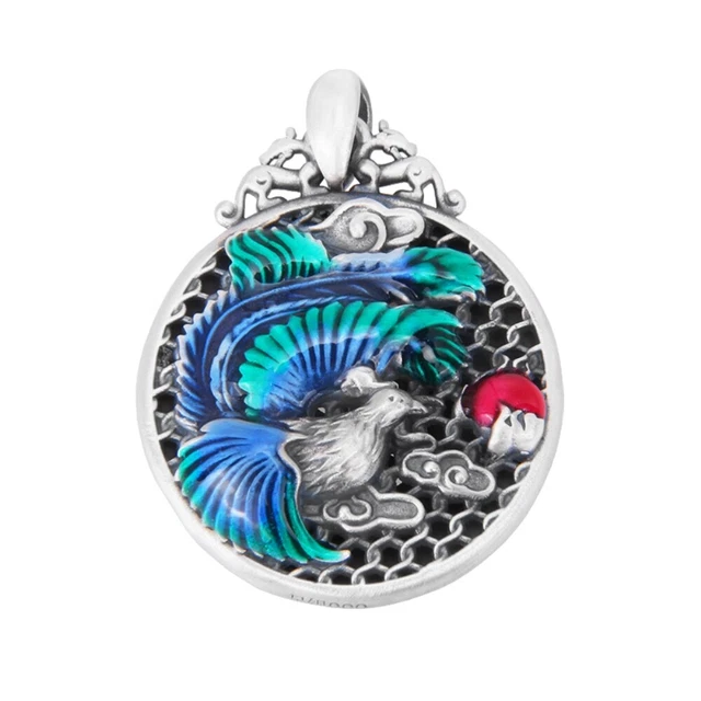 Pure S999 Fine Silver Lucky Enamel Round Cloud Phoenix Pendant Women Gift