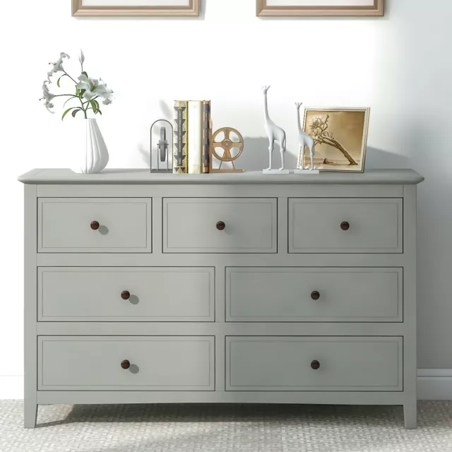 Solid Wood Bedroom Dresser with 7 Drawer Gray Chest of Drawers Storage Cabinets