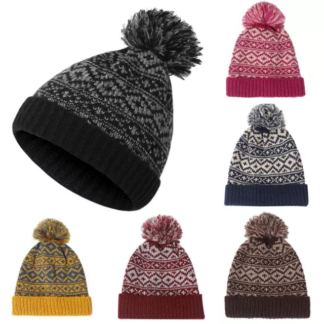 Mens Winter Warm Pom Pom Hat Knitted Beanie Cap Cable Bobble Hat Pom Wooly Cap