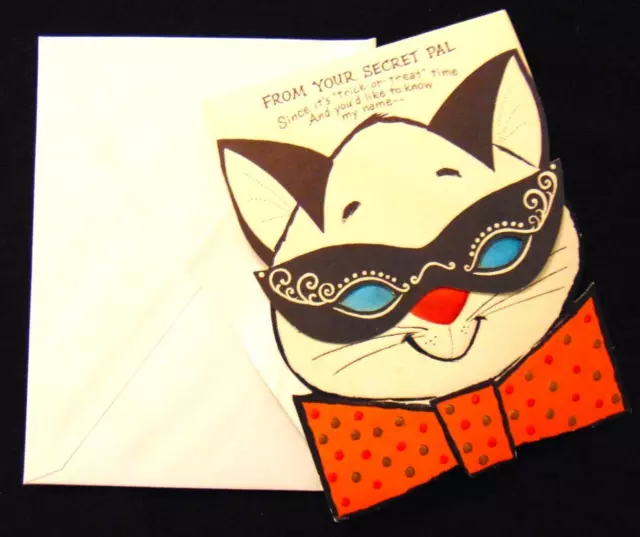 Vintage Halloween Card Secret PAL Trick Treat Cat Mask Hallmark Greeting Envelop