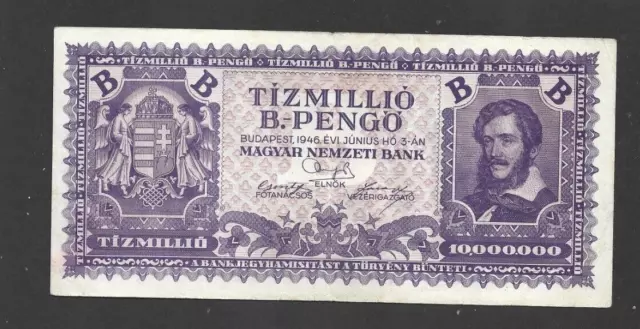 10 000 000 Bilpengo Very Fine  Banknote From Hungary 1946 Pick-135 Rare