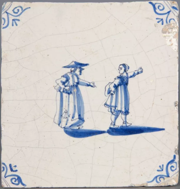 Nice Dutch Delft Blue tile, two ladies, second half 17th. century.