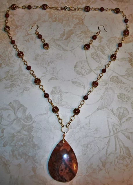 Hand Made Brown Riverstone Necklace W/Crazy Lace Agate Pendant And Earrings