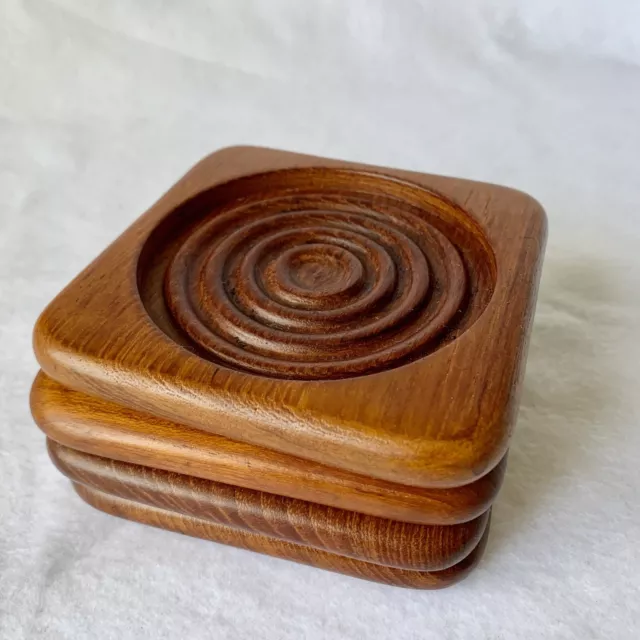 Teak Wood Coasters, set of 4, Carved Circular Pattern, Mid-Century Modern