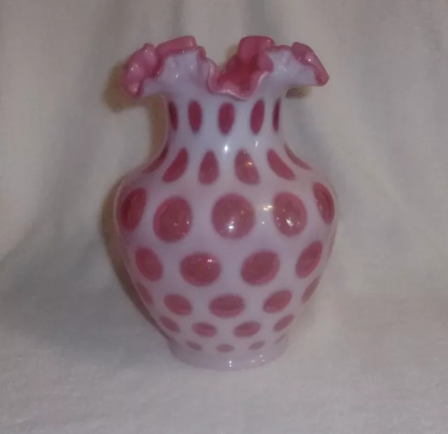 Fenton Art Glass Cranberry Opalescent Coin Dot Vase #1353 1947-1949