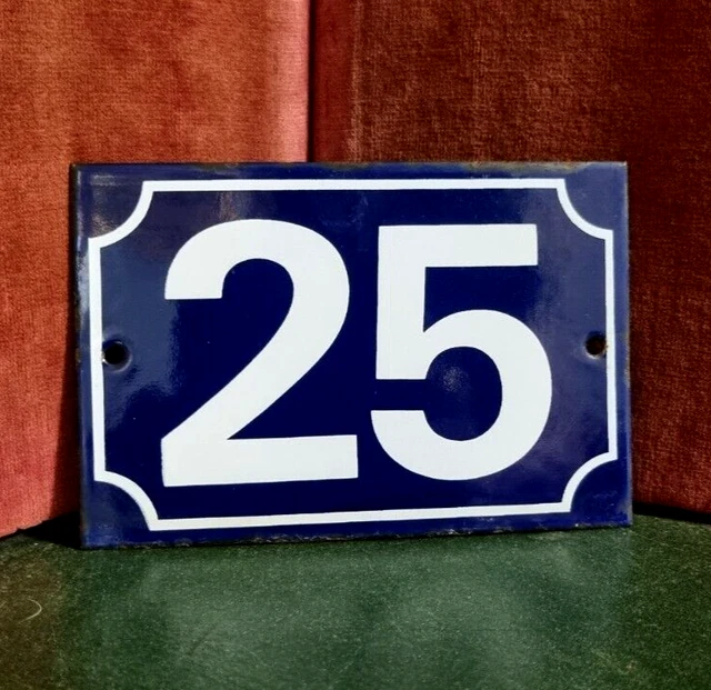 French vintage enamel house sign number 25 for door , gate , wall , street .