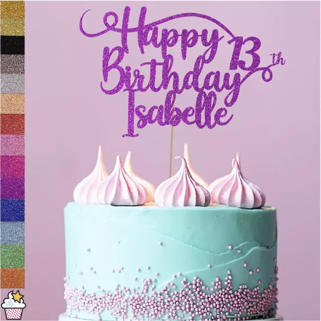 Personalisierter doppelseitiger Happy Birthday Glitzer Kuchenaufsatz | Jeder Name, jedes Alter