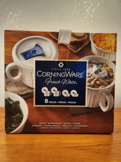 Corning Ware FRENCH WHITE 20oz. SOUP/MEAL MUGS with VENTED LIDS (set of 8) BNIB