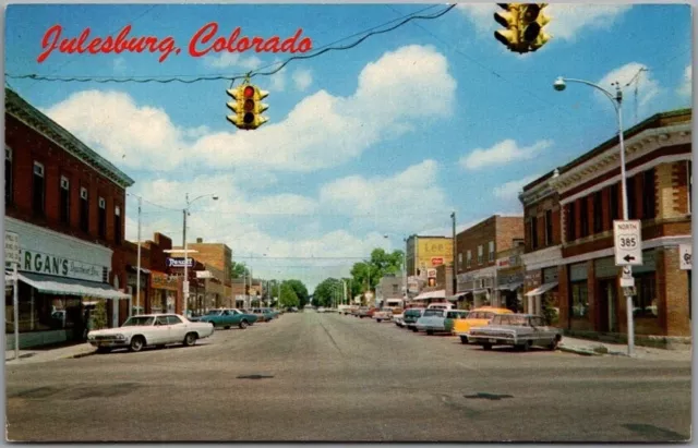 Vintage JULESBURG, Colorado Postcard MAIN STREET Downtown Scene c1960s Unused