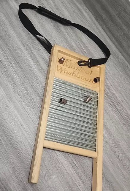 Authentic Musical Washboard with Four Copper Thimbles And Shoulder Strap