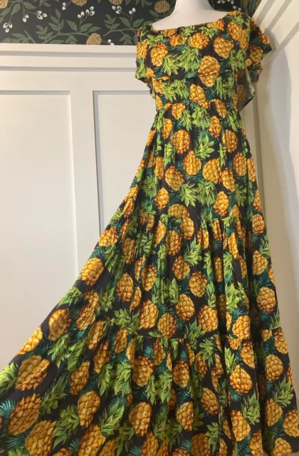 Vintage Inspired Off the Shoulder Flowy Hawaiian Pineapple Maxi Dress NY&C M