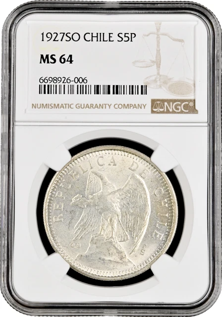Chile 5 pesos 1927 So, NGC MS64, "Republic of Chile (1899 - 1968)" silver coin