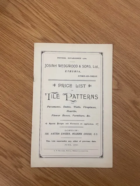 Josiah Wedgwood - Price List Of Tile Patterns - 1900 - Paperback
