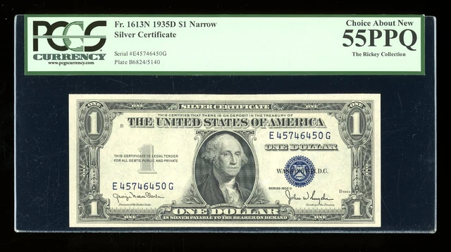 DBR 1935-D $1 Silver Fr. 1613N Narrow EG Block PCGS 55 PPQ Serial E45746450G