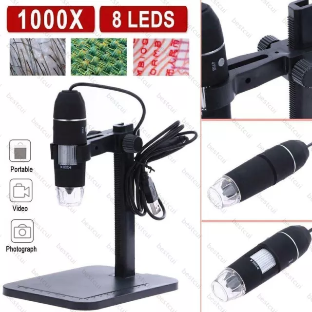 1000* 2MP 8LED Digitalmikroskop USB Microskope Lupe Fach PC HD Kamera+Lift Stand