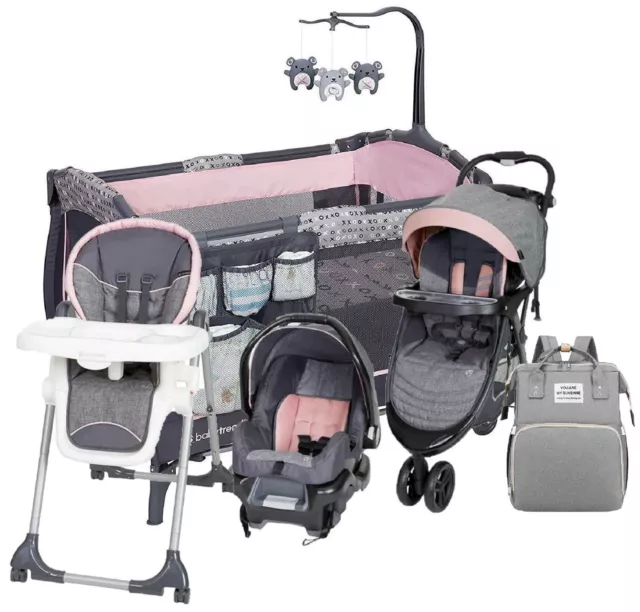 Newborn Baby Girl Pink Combo Set Stroller With Car Seat Playard Chair Diaper Bag