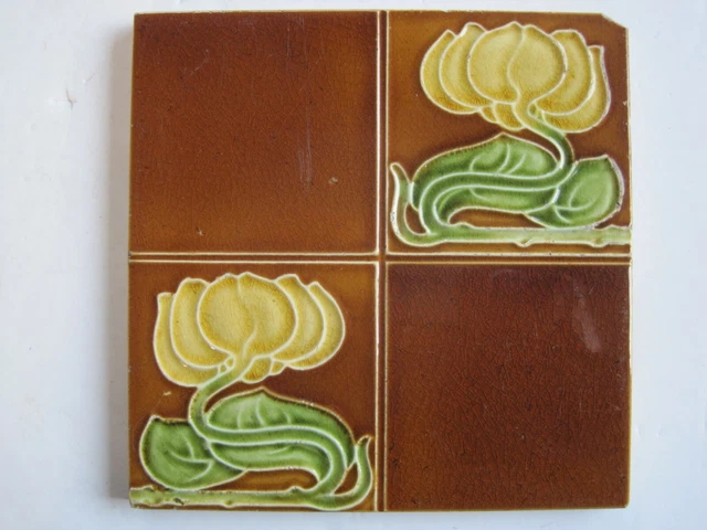ANTIQUE MOULDED & MAJOLICA ART NOUVEAU QUARTERED TILE - J H BARRATT - c1904 #2