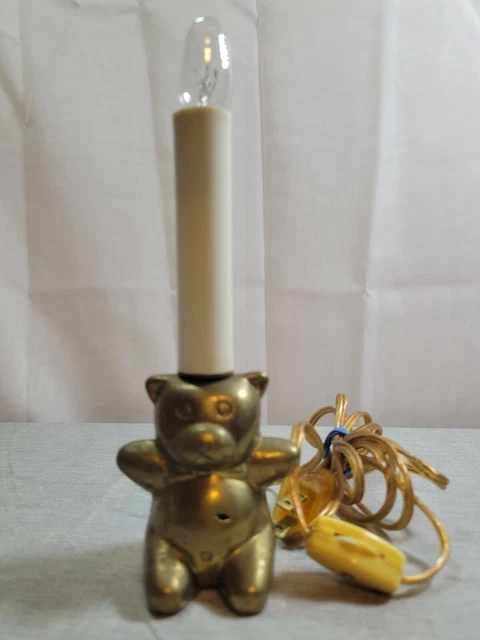 Vintage Solid Brass Teddy Bear Candle Kids Night Light, Tested & Works, Preowned