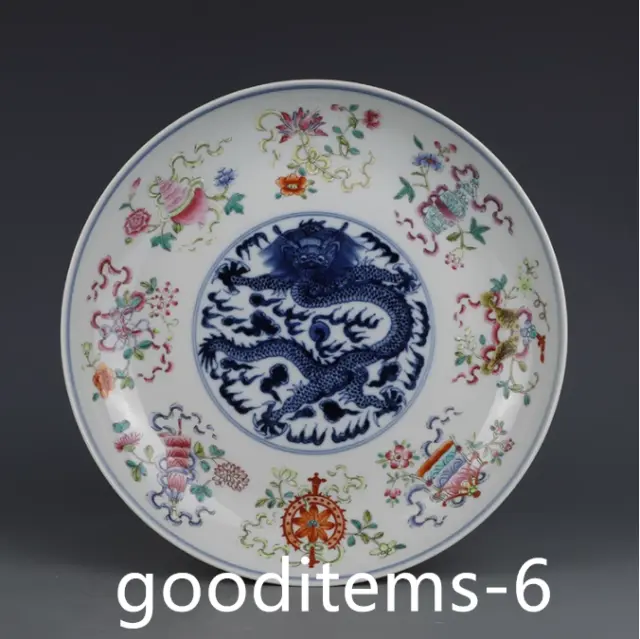 10.3"Old China Porcelain Guangxu Pastel Dark Eight Immortals Dragon Pattern disc