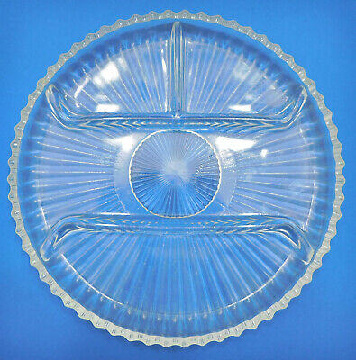 Vintage Pressed Clear Glass Divided Serving Plate 10" Condiments Cheese Crackers