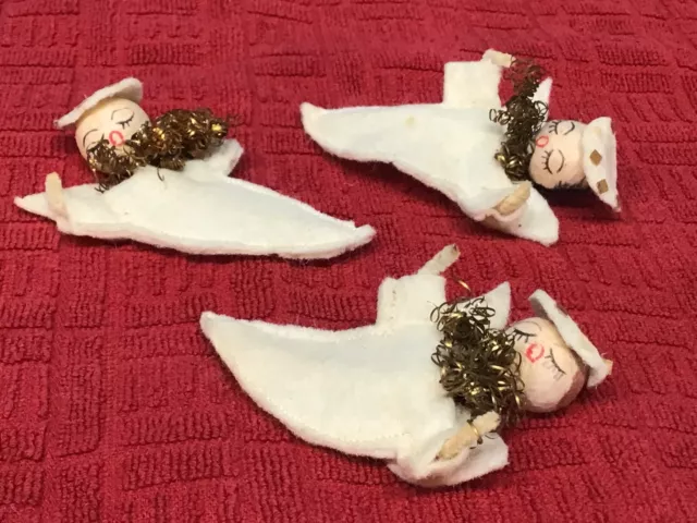 3 Vtg Christmas ANGEL Ornaments Spun Cotton~Felt~Tinsel~Chenille Pipe Cleaners