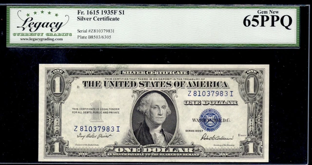 UNITED STATES 1935F $1 Silver Certificate. FR#: 1615. Legacy Graded: 65 PPQ. GEM