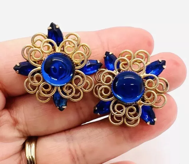 Large Royal Blue Glass Cabochon & Rhinestone Earrings Filigree Vintage Jewelry