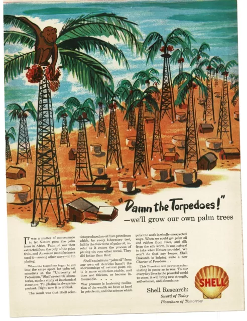 1943 Shell Oil Field Derricks Palm trees Monkey Vintage Print Ad