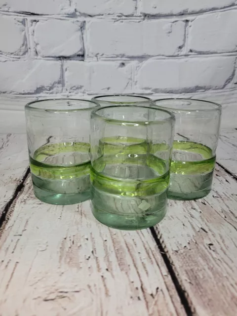 Art Glass Hand Blown Tumblers 4" Applied Green Band Set of 4