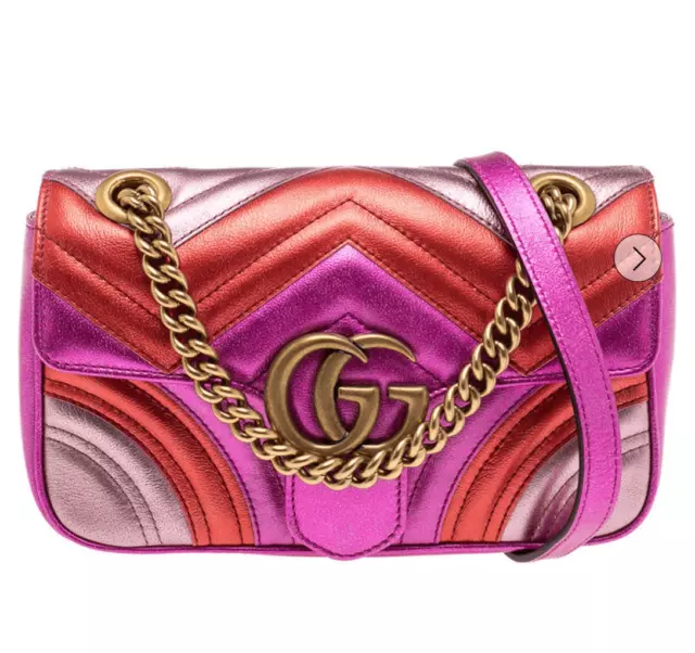 GUCCI Marmont Metallic Pink Bag GG Logo Crossbody Quilted Matelasse Flap Closure 2