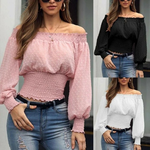 BLUSAS PARA MUJER Elegantes Fina De Moda Casuales Acampanada Liso Sexy Bardot 12.45 PicClick