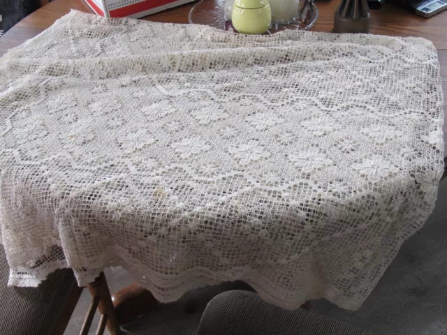 Beautiful Antique Handmade Crochet Filet Lace Tablecloth Coverlet 82x132 Ivory 2