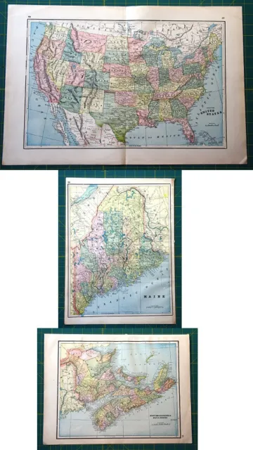 United States Maine Nova Scotia - Rare Vintage Original 1893 Antique Atlas Maps