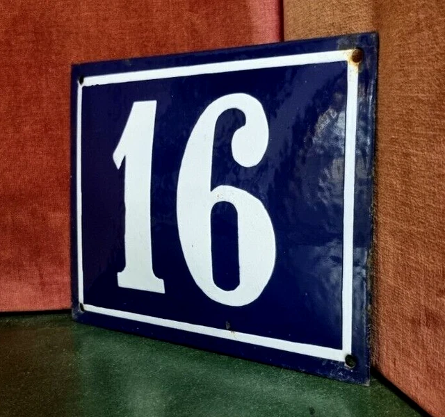 French vintage Large domed enamel house sign number 16 white raised door street