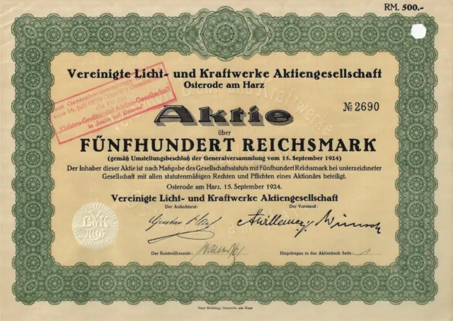 Vereinigte Licht- und Kraftwerke AG, 500 RM, 1924, Osterode am Harz