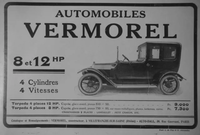 Publicité De Presse 1913 Automobiles Vermorel 8 Et 12 Hp 4 Cyl - Advertising