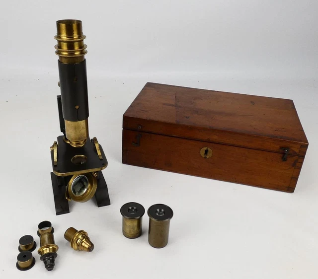 Vintage J Parkes & Son English Medical brass microscope with case c1880  #2600